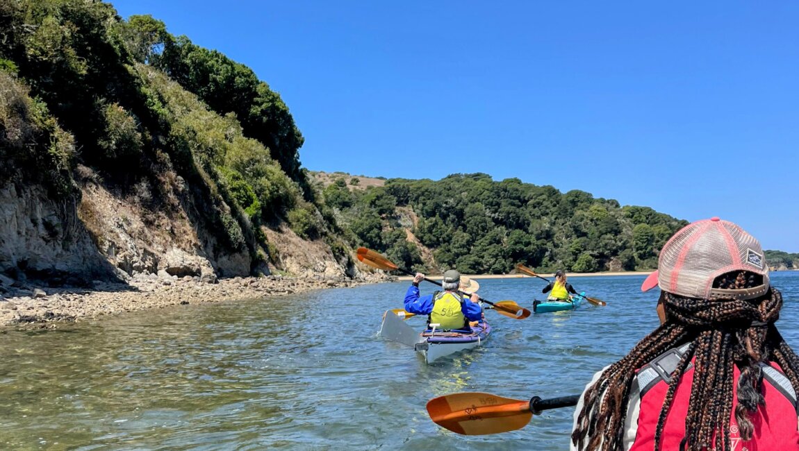 A wooded rocky beach shoreline against a blue sky. Shows the back of a paddler in a kayak, and two more kayaks paddling in front