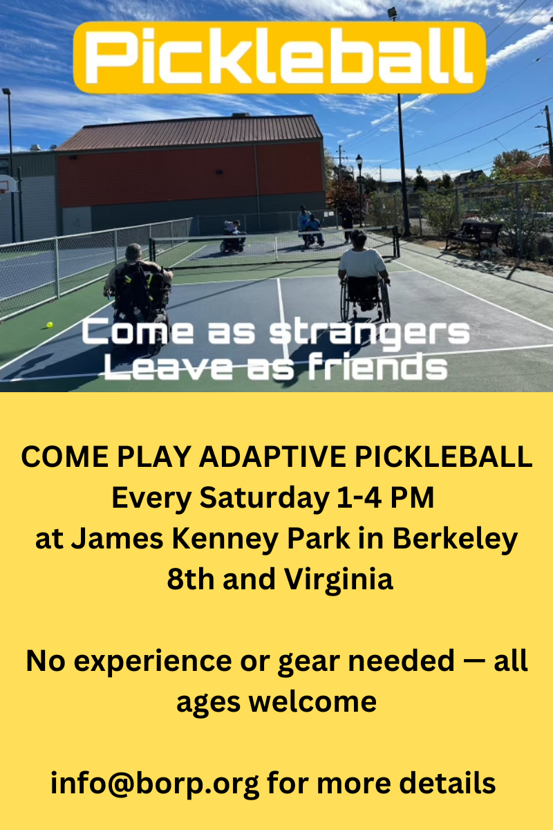 a flyer with a photo of 4 people in wheelchairs playing Pickleball and the caption, "Come as strangers, leave as friends." Other text repeats information in the article.