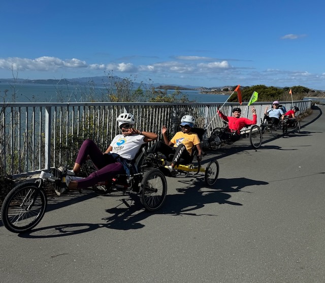 Cyclists in recumbent tandem cycles wave and flash peace signs on the Bay Trail.