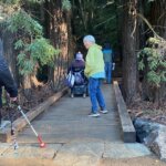 Four people, one in a power chair, are crossing a flat accessible wooden boardwalk deeper into the redwood forest.